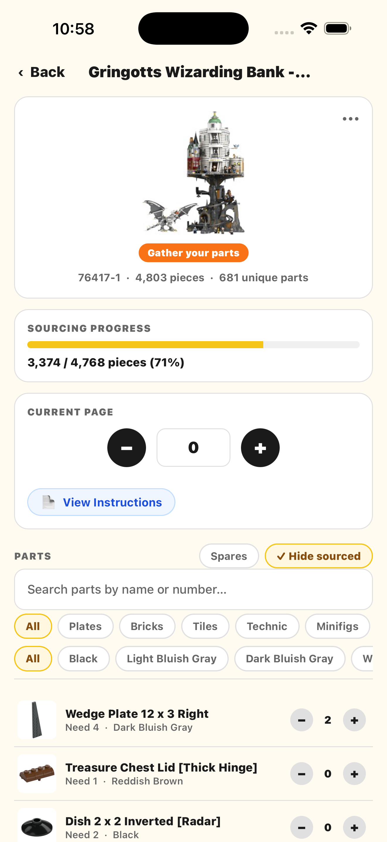 The Build It parts checklist for a set