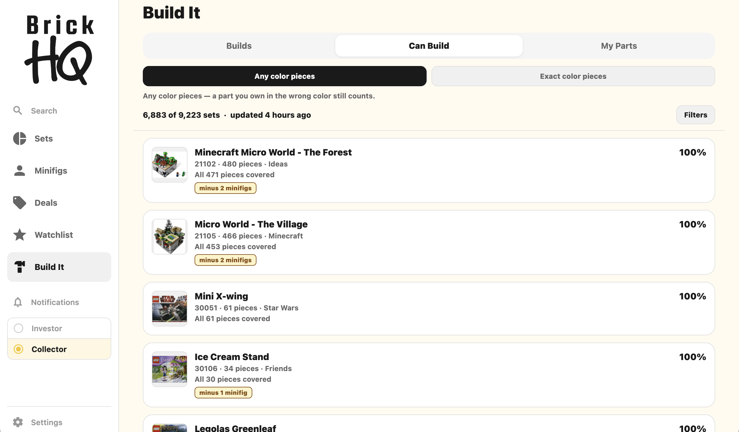 Can Build — which sets your loose parts could complete, matching on exact or any color.