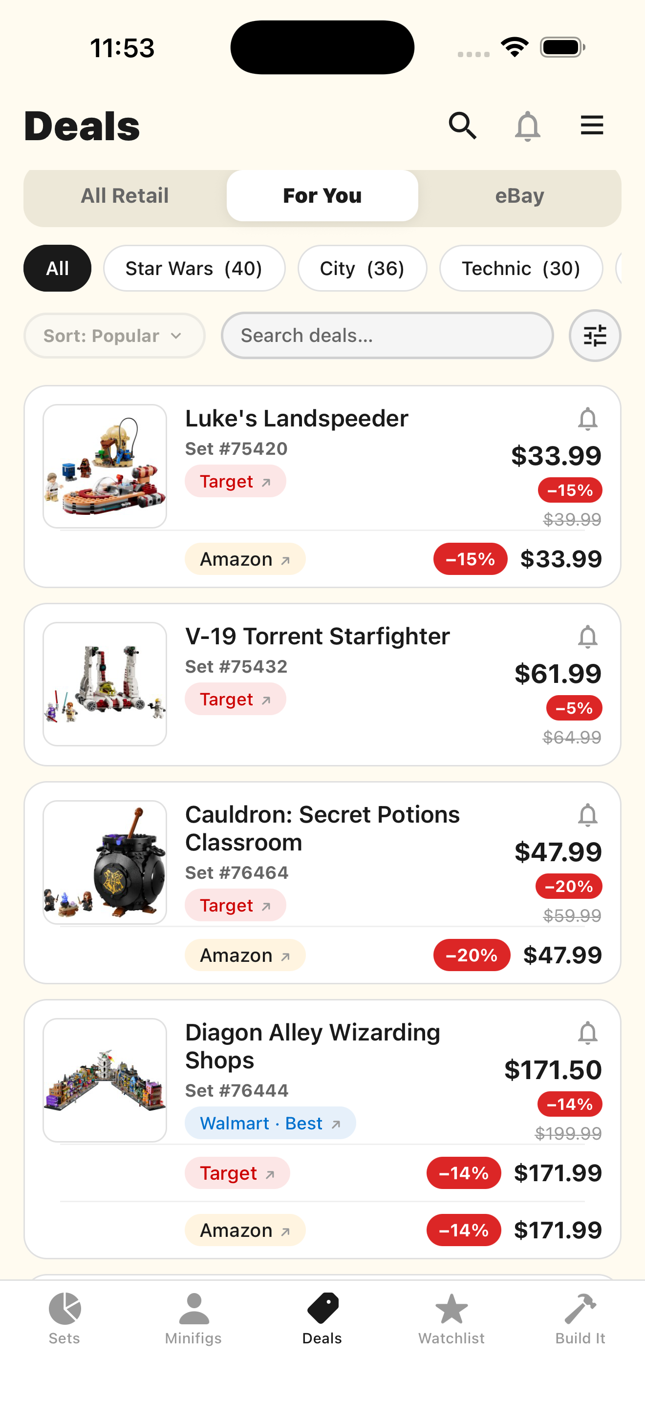 The Deals tab showing discounted sets across several retailers