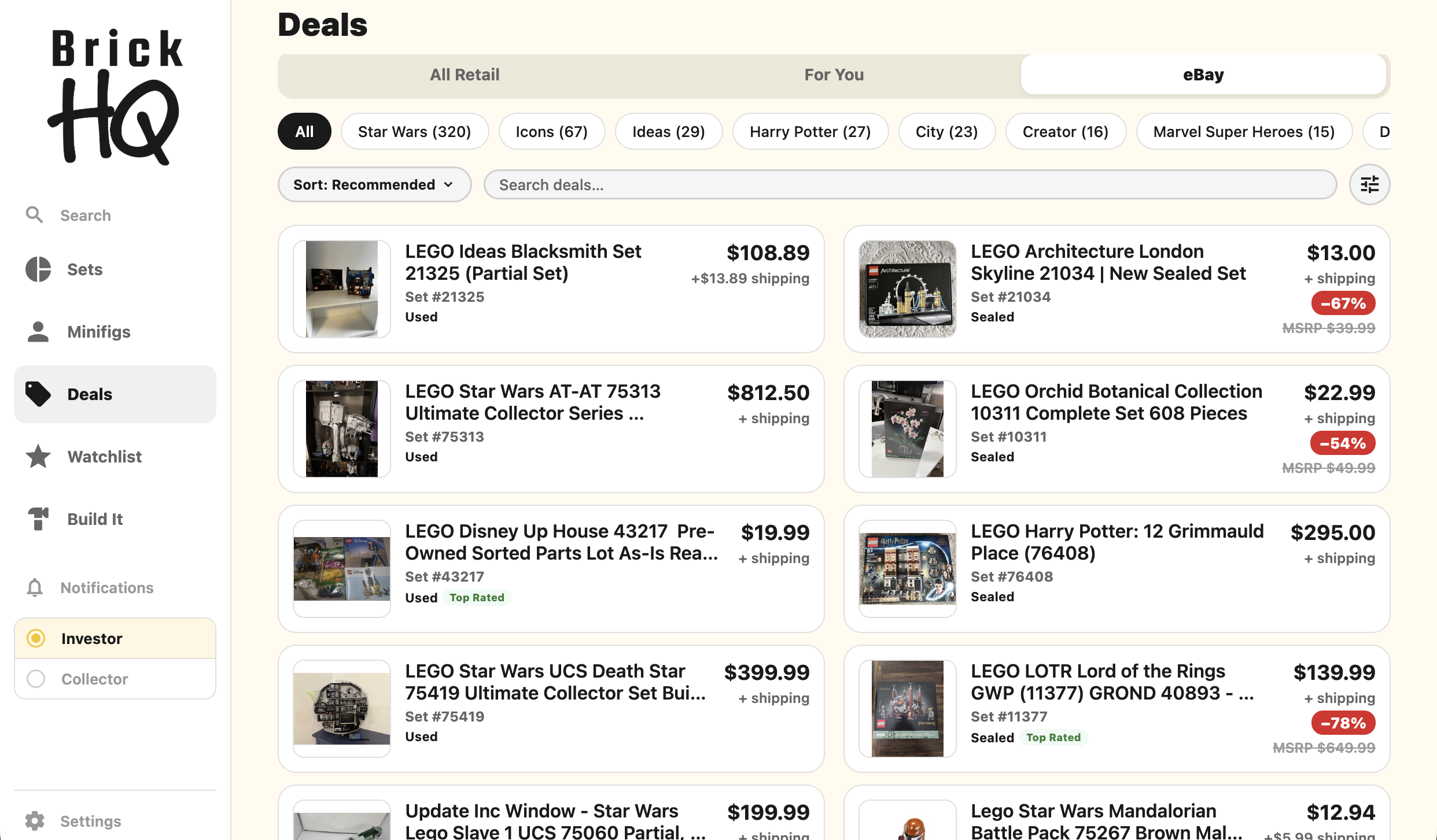 eBay listings with price ranges for sealed and used copies, beside BrickLink sold averages.