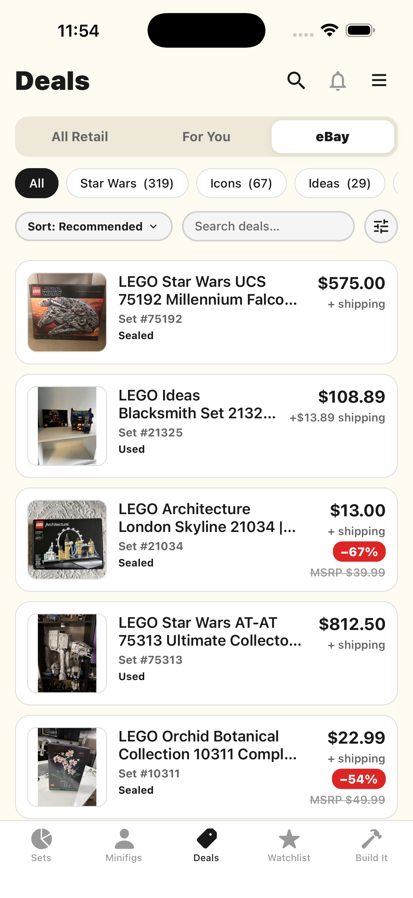 The Deals tab’s eBay view, showing live listings with prices, photos and seller ratings