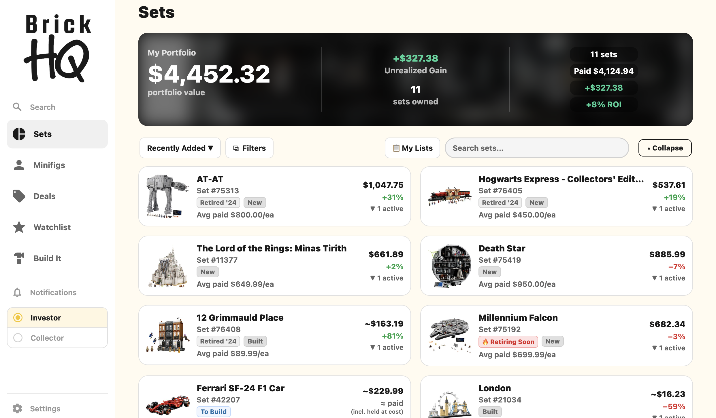 Brick HQ on the web, showing a LEGO collection with its current value