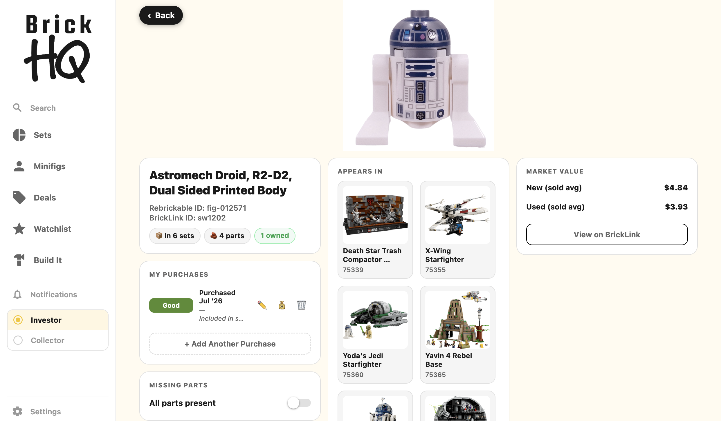 A single minifigure — every set it appears in, and its market value.