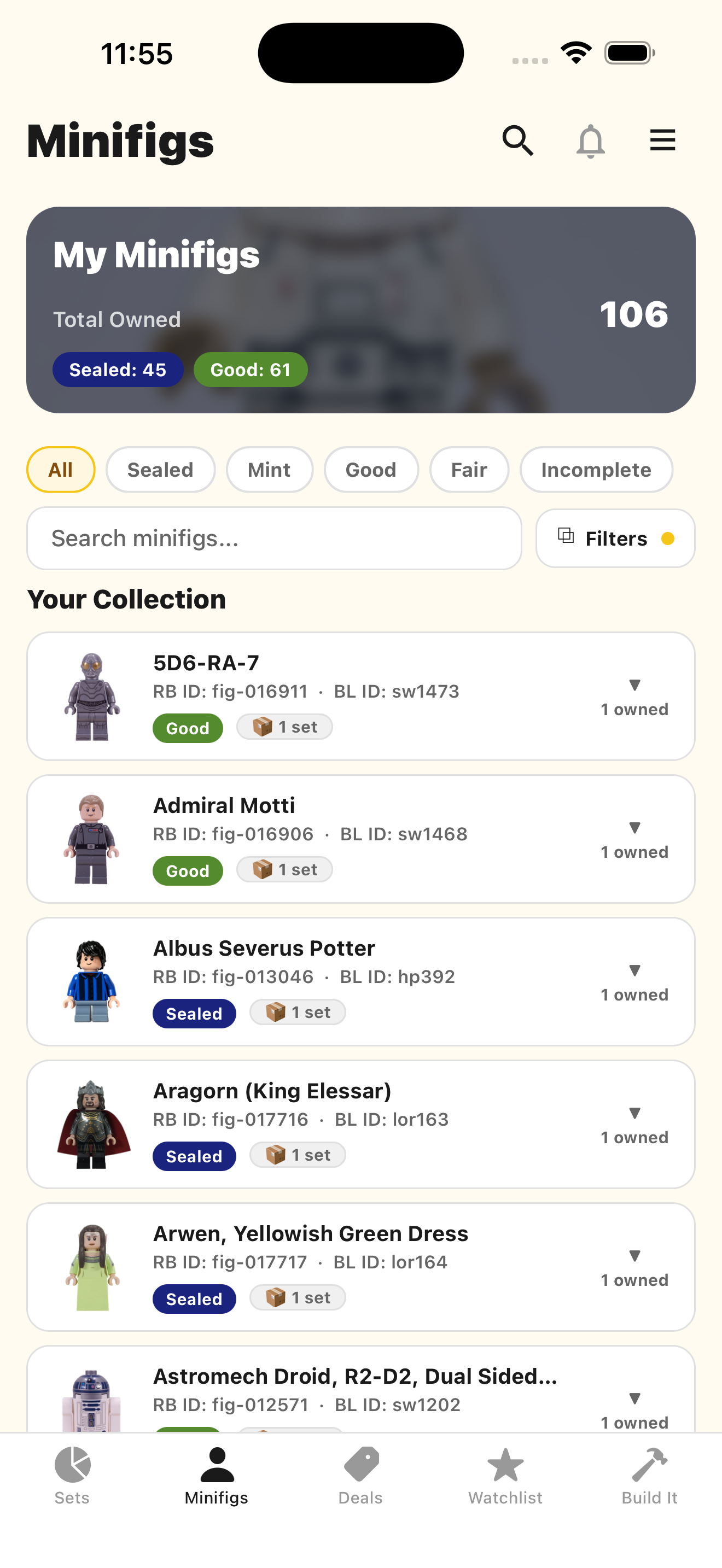 The Minifigs tab showing tracked minifigures