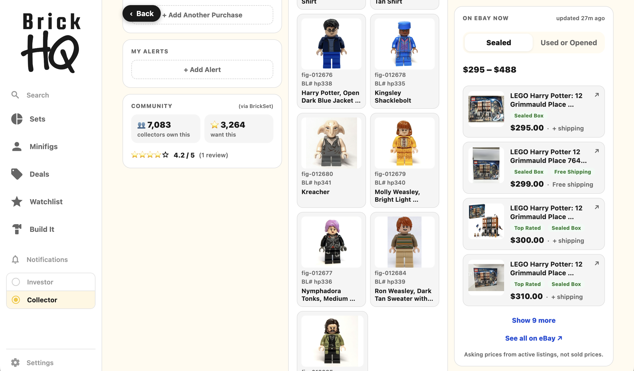 Further down the same set — the minifigures it includes, live eBay listings, price alerts and community stats.