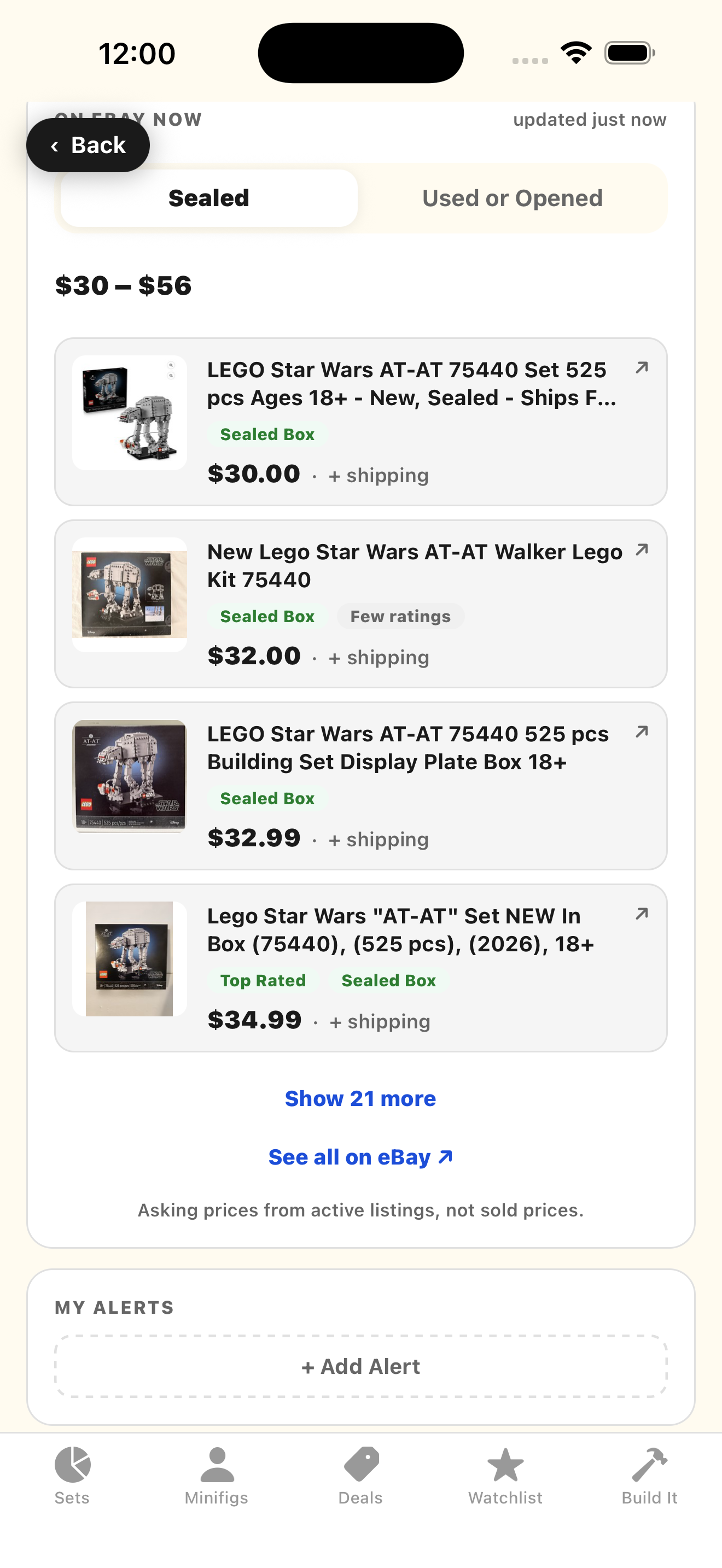 Set detail showing live eBay listings for the set and the option to set a price alert
