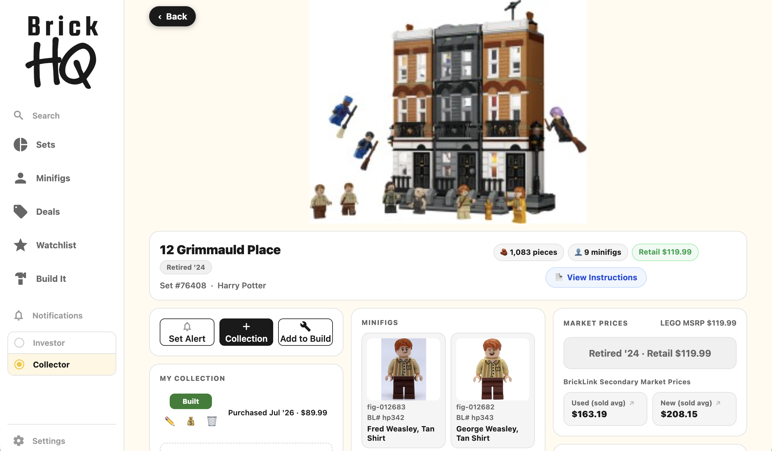 A single set — retailer prices, price history, the minifigs it includes and its BrickLink value.