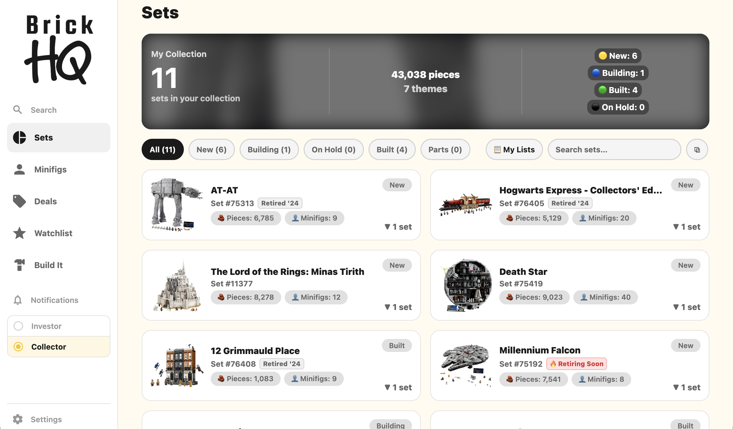 Collector mode — build status, pieces, minifigs and progress through a theme.